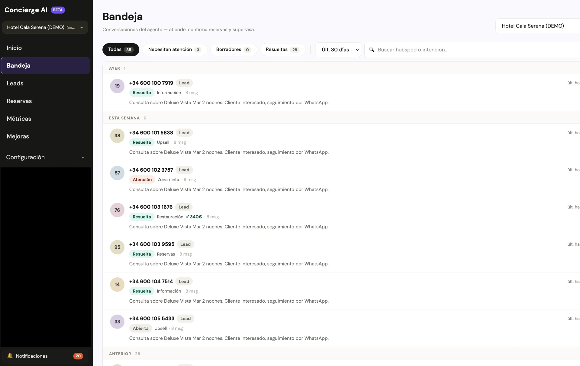 Bandeja del Concierge IA con conversaciones de WhatsApp, estados e intenciones detectadas