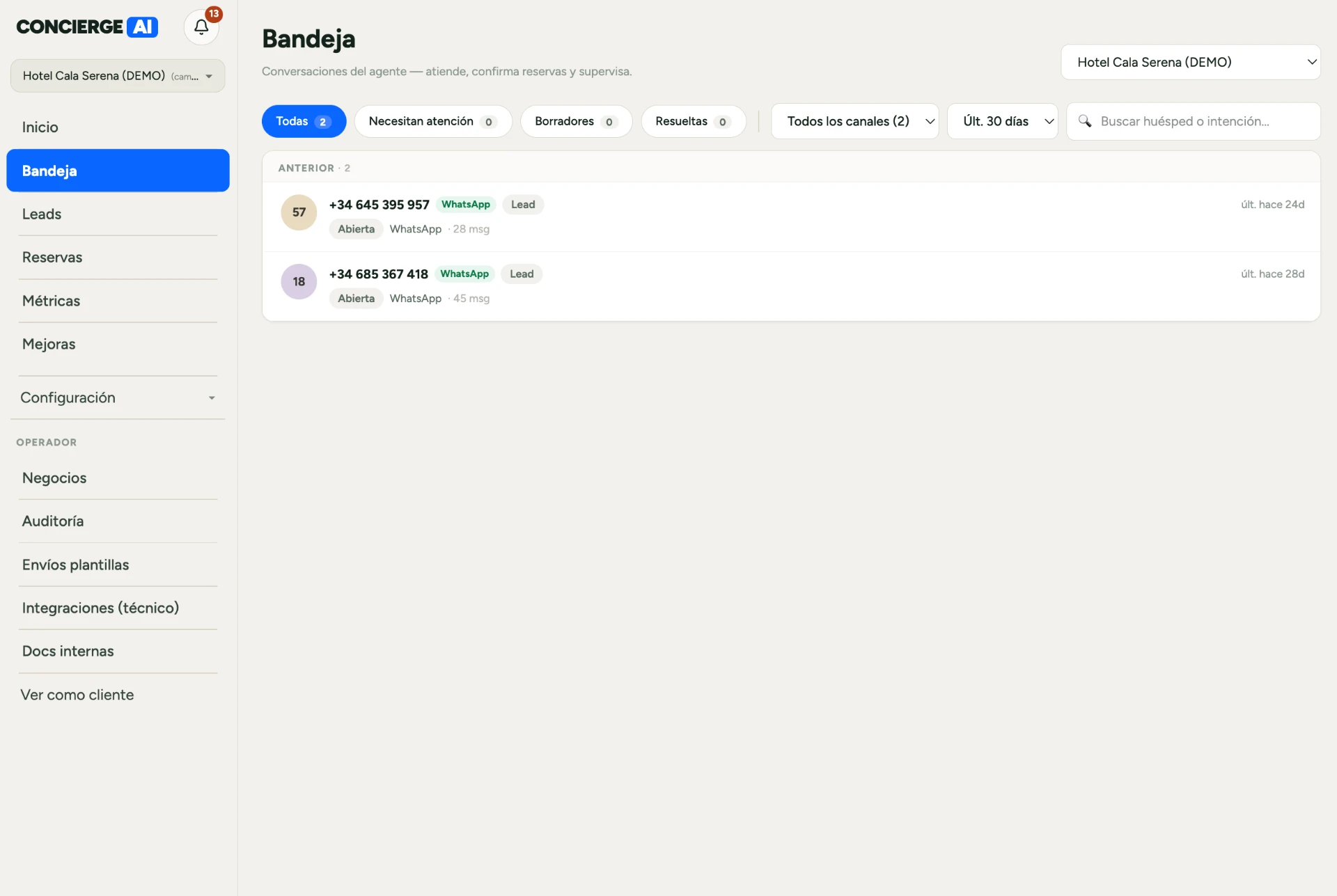Bandeja del Concierge con conversaciones de WhatsApp, estados e intenciones detectadas