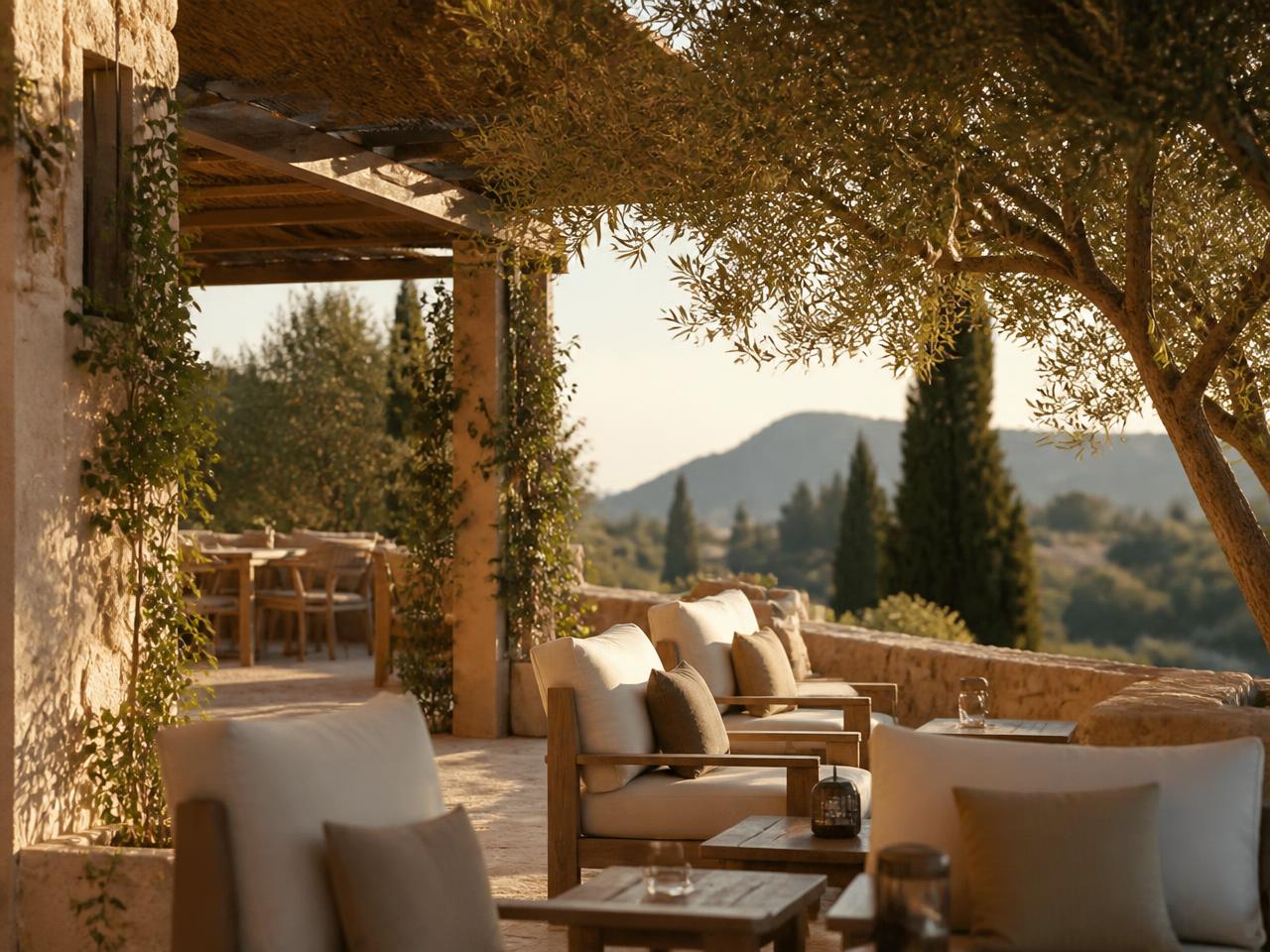 Terraza de hotel boutique en Mallorca al atardecer, ejemplo de negocio turístico premium