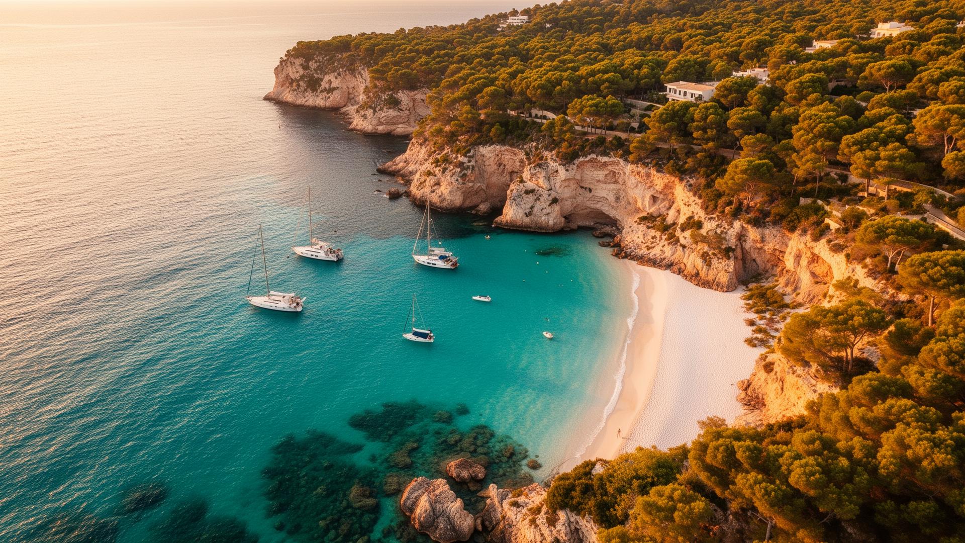 Vista aérea de una cala de Baleares al atardecer
