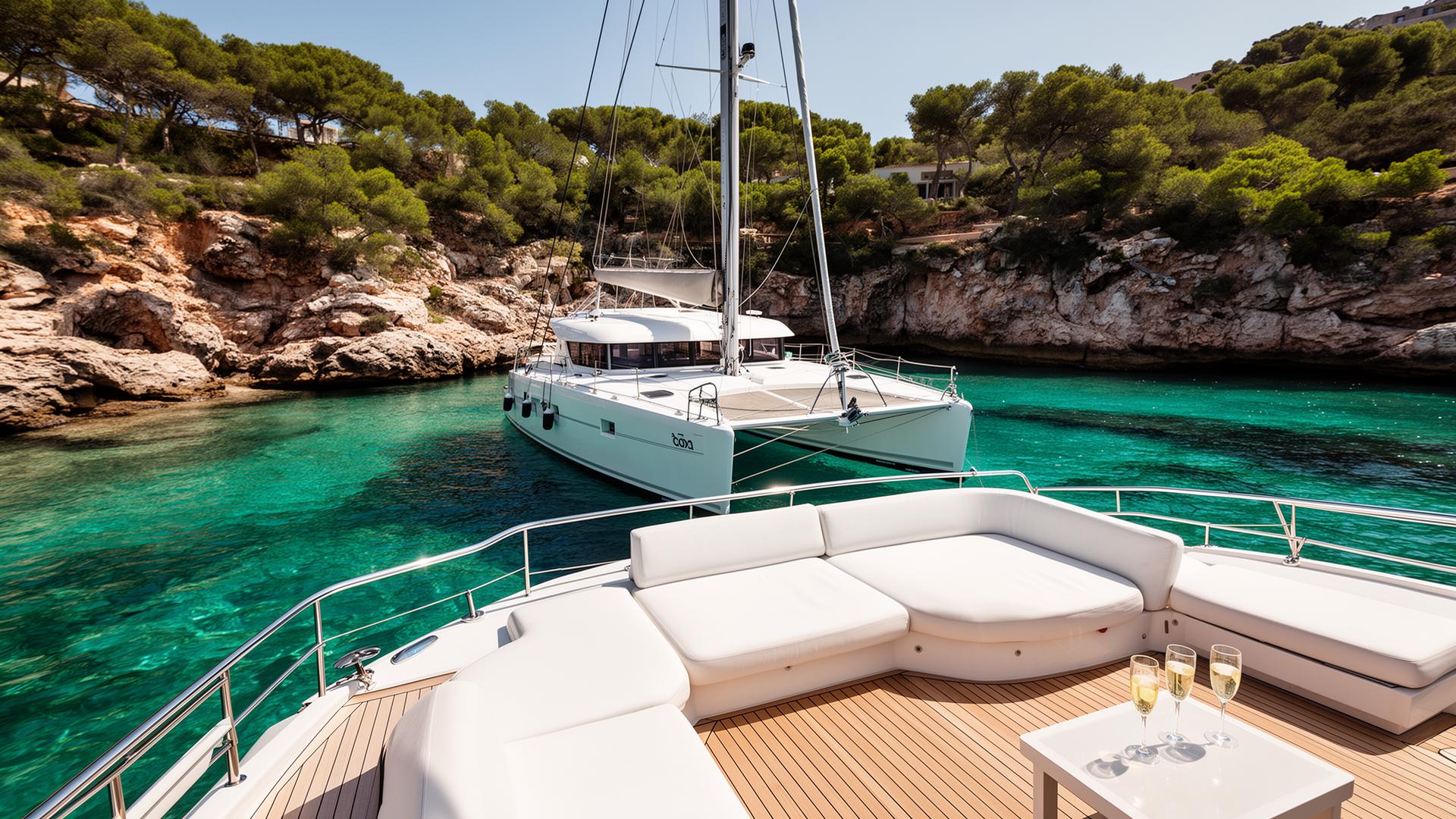 Catamarán de lujo fondeado en aguas turquesa de Formentera